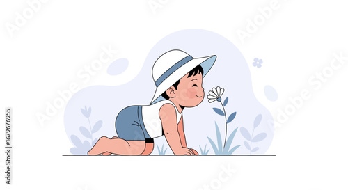 Illustration of a baby crawling and smelling a flower in the garden