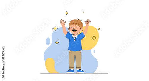Happy boy with arms raised in the air, looking excited with a joyful expression