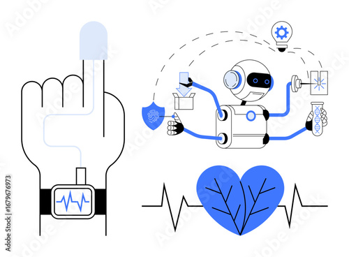 Fingerprint scan paired with wearable healthcare device, AI robot performing tasks including diagnostics, medical research, and innovation. Ideal for healthcare, AI, biometrics, telemedicine