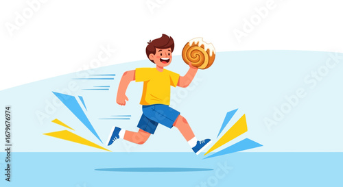 Happy boy running fast carrying a cinnamon roll cartoon illustration vector