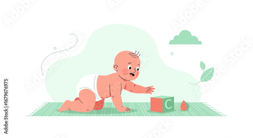 Illustration of a baby crawling towards a block and a fruit on a green mat