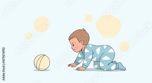 Illustration of a baby crawling toward a ball on a cream background with thought bubbles