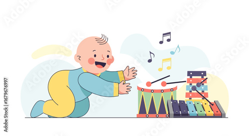 Illustration of a baby crawling towards a drum and xylophone to play music and sounds