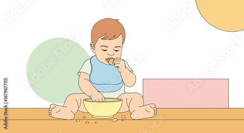 Illustration of a baby eating a snack from a bowl placed on a wooden table