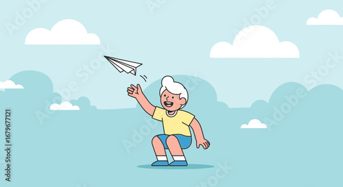 Happy cartoon boy launching a paper airplane in the cloudy sky during the day time