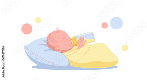 Illustration of a baby drinking milk from a bottle while lying down on a pillow