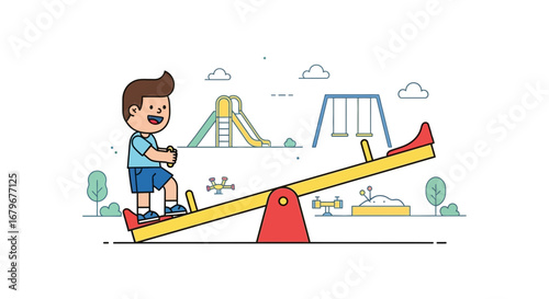 Happy cartoon boy playing on a seesaw at the playground in vector illustration