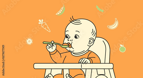Illustration of a baby eating food with a spoon, in highchair, and food symbols