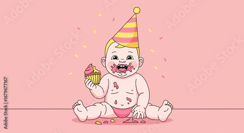 Illustration of a baby enjoying a cupcake on the special occasion of a birthday celebration