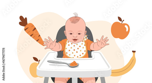Illustration of a Baby Enjoying Healthy Food with Fruits and Vegetables at Mealtime