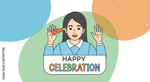 Happy celebration illustration featuring a woman celebrating with a party favor on white background