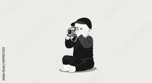 Illustration of a baby with a vintage camera taking a photo on a white background