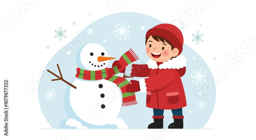 Happy child builds a snowman in winter with snowflakes in the background