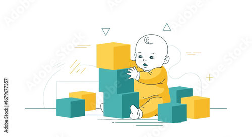 Illustration of a baby playing with blocks or cubes while isolated on white background