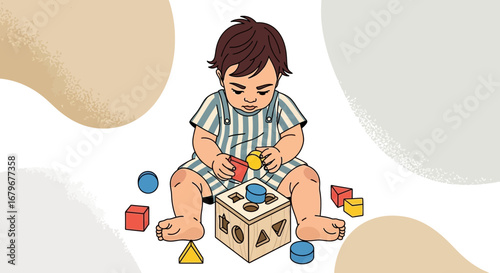 Illustration of a baby playing with a shape sorter block toy in minimalism style