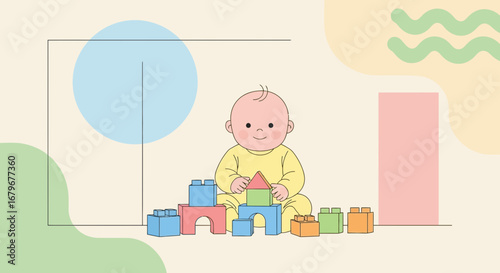 Illustration of a baby playing with colorful building blocks in a pleasant pastel background
