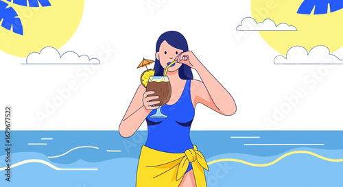 Woman Enjoying Tropical Beverage On Seaside During A Sunny Summer Day