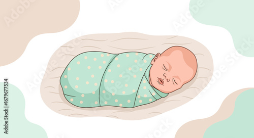 Illustration of a baby swaddled in a blanket, flat design style adorable baby sleeping peacefully