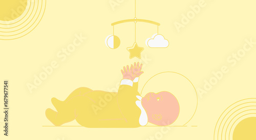 Illustration of a baby with a mobile, in light yellow colors, playful and serene