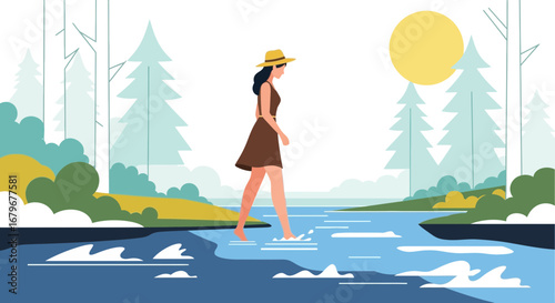 Woman Enjoys A Gentle Walk Through A Serene River In A Beautiful Nature Scene