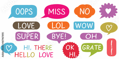 Collection of colorful speech bubbles with common expressions and symbols like hearts and exclamation marks