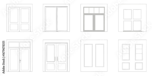 Collection of architectural line drawings featuring various types of doors and windows for building design