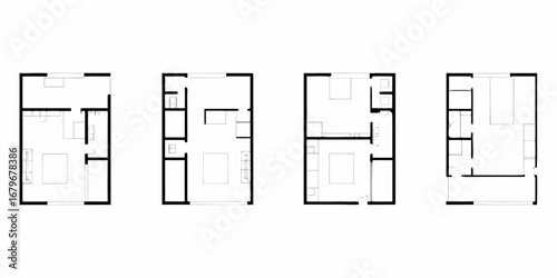 Four simple black and white floor plan illustrations of apartments with bedrooms and living areas