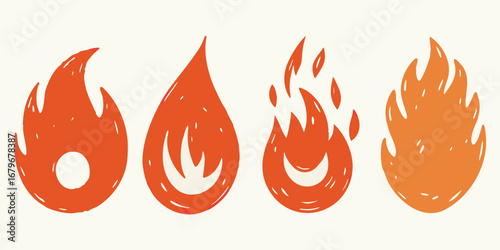 Four stylized hand drawn fire icons representing different stages of burning or intensity
