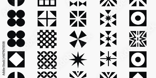 Collection of diverse black geometric shapes and patterns arranged in a grid on a white background