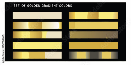 Collection of various golden gradient color palettes displayed on a black background with white text