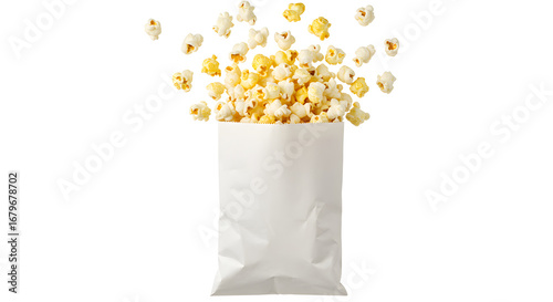 Popcorn bag with popcorn spilled outside, blank, unbranded, isolated