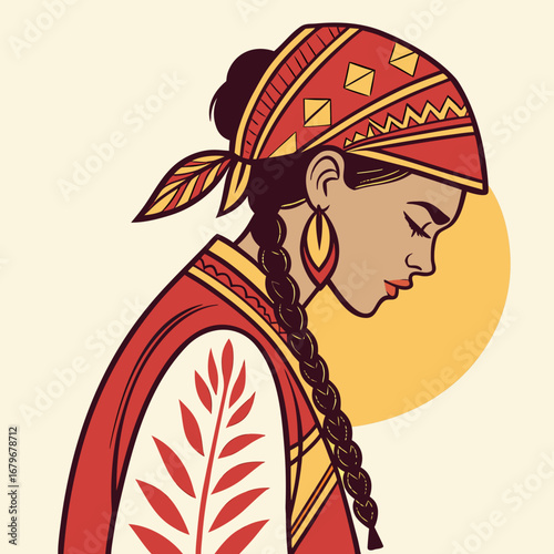 Woman with long braids and stylized ethnic clothing.