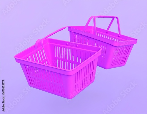 Two pink shopping baskets against a vibrant purple background