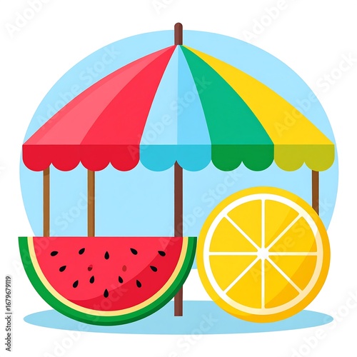 Colorful fruit stand under a vibrant umbrella