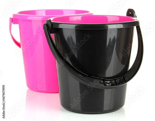 Two plastic buckets, pink and black, isolated