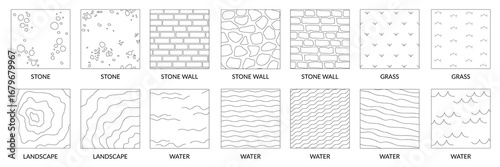 Landscape geographic icons depicting stone, a stone wall, land, water, and grassy terrain vector texture