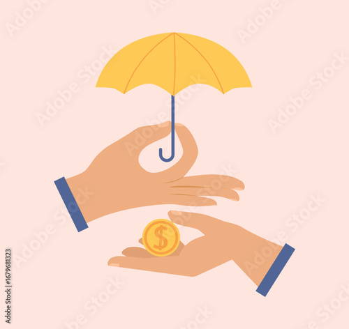 Financial Insurance, money saving. Hand with open umbrella guarding hand with coin