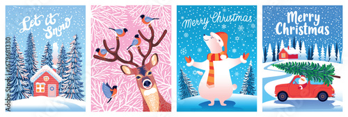 Winter holiday, Merry Christmas and Happy New Year greeting card. Set of cute posters with gingerbread house, deer, white bear, car and snowflakes. Handmade drawing vector illustration.