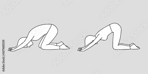 Line art illustration of a woman performing yoga poses on a gray background