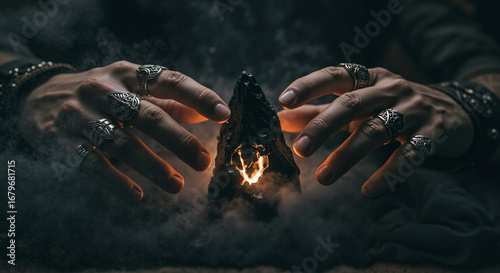 Hands performing dark sorcery with black smoke and cursed artifact, the concept of Halloween