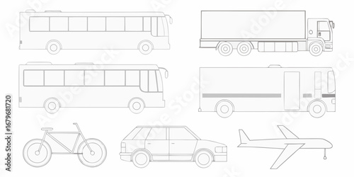 Collection of simplified line drawings of various modes of transportation including buses trucks cars bicycles and airplanes