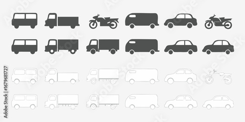 Collection of vehicle icons including vans trucks cars and motorcycles in silhouette and outline styles