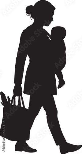 Black silhouette of a woman carrying a baby in a sling and a grocery bag vector