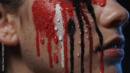 Abstract Portrait Face Art with Dripping Paint, Red, White, Black