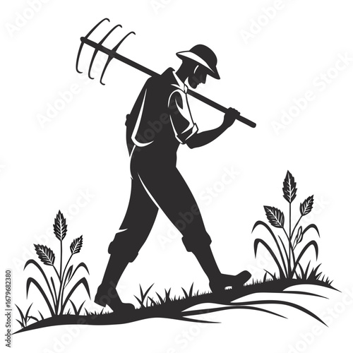 A farmer is going to the field with a plow in his hand.