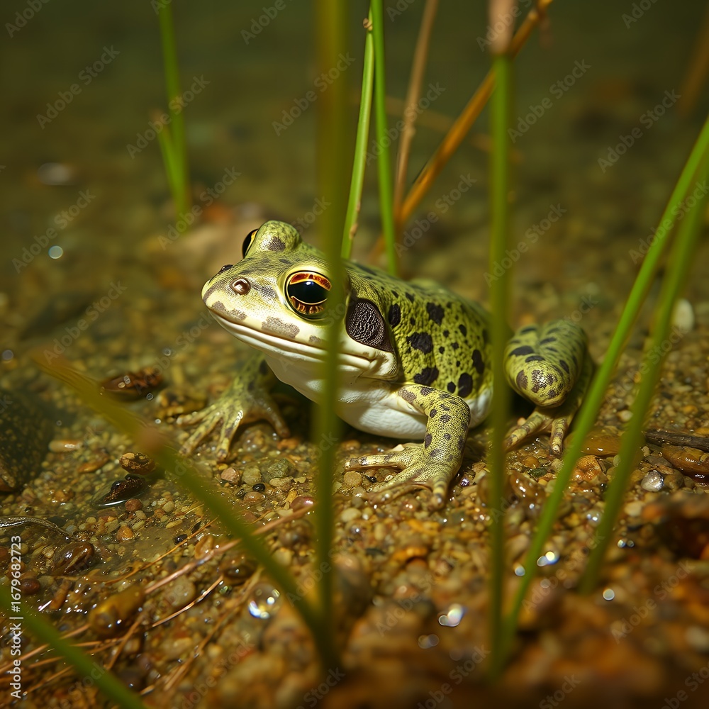 Fototapeta premium Green spotted frog with striking red eyes sits on gravelly ground amidst aquatic plants