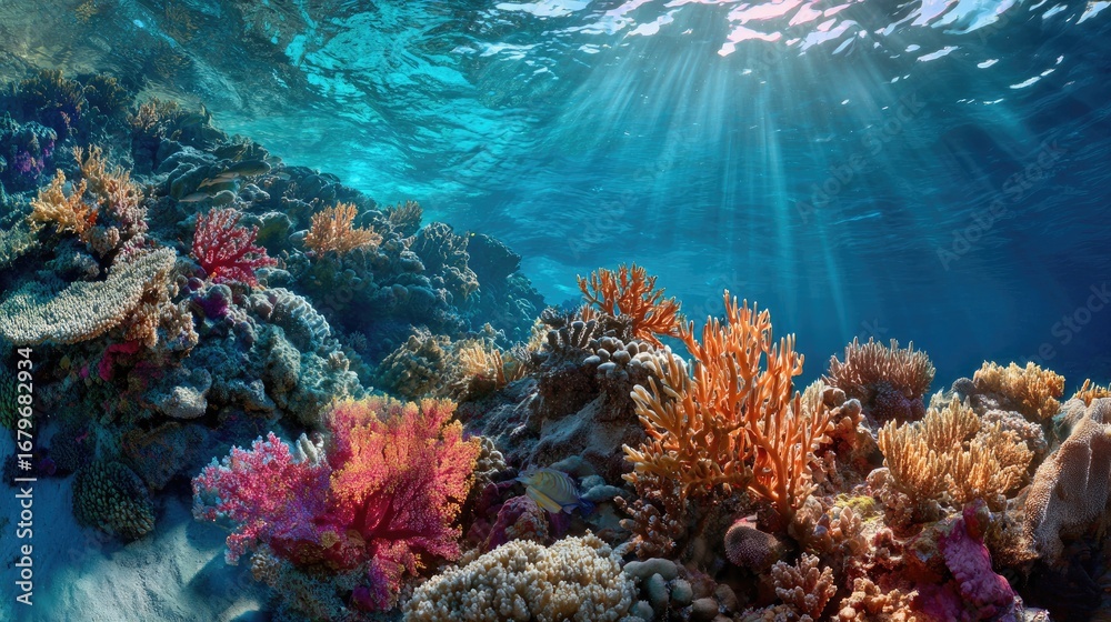Naklejka premium Underwater coral reef scene. Sunlight streams through turquoise water. Vibrant corals in reds, pinks, and oranges