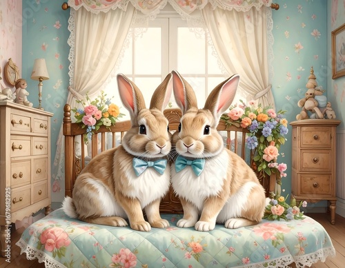 Two rabbits in a pastel-toned nursery