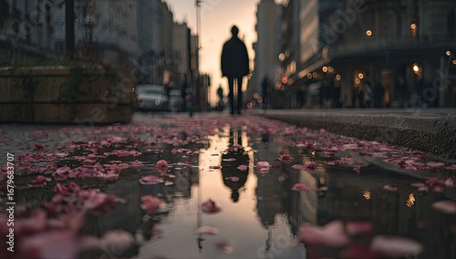 A city street at twilight, scattered rose petals reflecting in puddles. A solitary figure walks towards the viewer