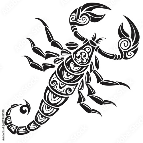 Black and white scorpion illustration.